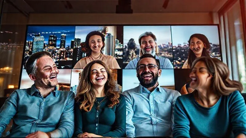A photorealistic image showing a diverse group of remote team members from different continents on a video call, laughing and interacting informally. The background of each person shows elements of their local culture or time of day (e.g., a bustling city at night, a serene morning landscape). The overall feeling is one of genuine connection and camaraderie despite the distance. Cinematic lighting, sharp focus, depth of field, 8K hyper-detailed, professional photography, shot on a high-end DSLR.
