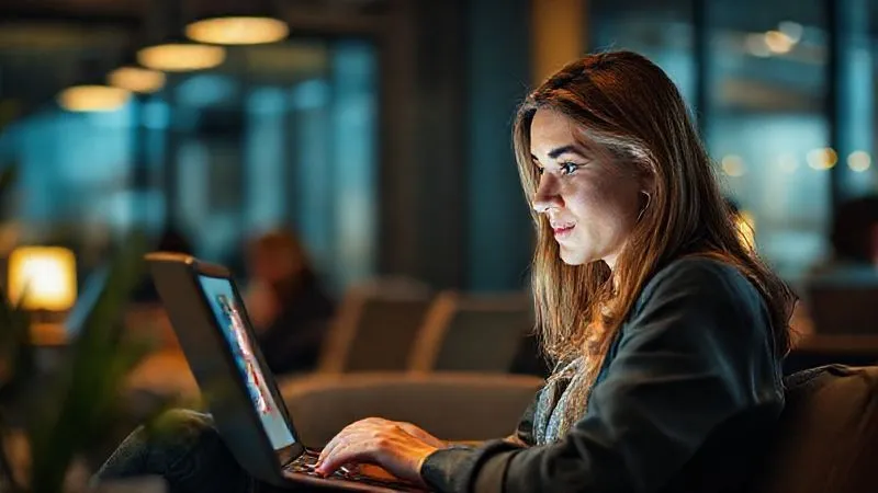 A photorealistic, professional photography, 8K, cinematic lighting, sharp focus, depth of field, shot on a high-end DSLR image of a digital nomad, a young woman, engaging in a video call with a French tutor on her laptop, her face illuminated by the screen. She is in a cozy, well-lit corner of a co-working space, with a blurred background of other working individuals, suggesting connectivity and focused learning amidst travel.