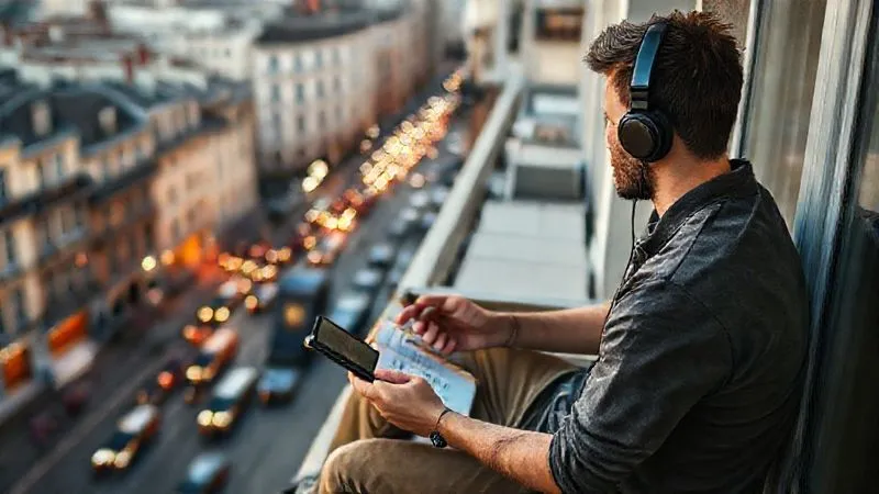A photorealistic, professional photography, 8K, cinematic lighting, sharp focus, depth of field, shot on a high-end DSLR image of a digital nomad, a young man, sitting on a balcony overlooking a bustling street in a foreign city. He is wearing headphones, intently listening to a French podcast on his phone, a travel journal open beside him. The scene captures a moment of focused, flexible learning amidst the chaos of travel.
