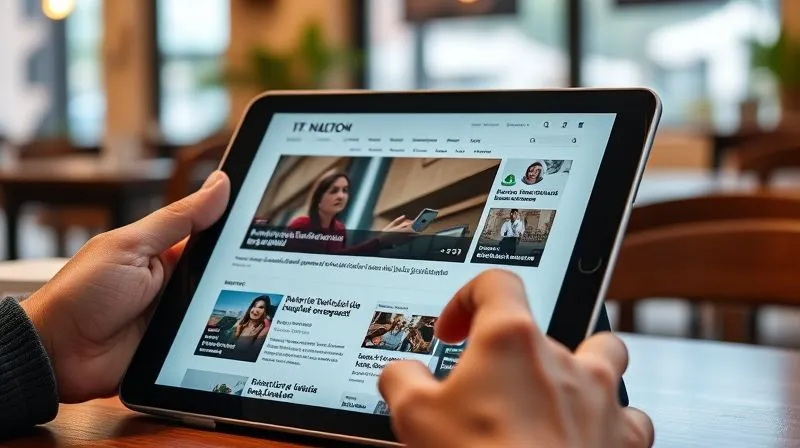 A close-up, photorealistic image of a tablet screen displaying an Italian news website, with headlines and articles in Italian. A hand, possibly a digital nomad's, is gently scrolling. The background is a slightly blurred, cozy cafe setting with warm lighting, hinting at a quiet moment of study. Professional photography, 8K, cinematic lighting, sharp focus on the tablet, depth of field, shot on a high-end DSLR.