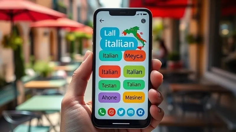 A photorealistic, vibrant image of a smartphone screen displaying a language learning app (like Duolingo or Memrise) with Italian phrases and colorful graphics. The phone is held in hand against a backdrop of a blurred, sunny cafe terrace in Italy, suggesting on-the-go learning. Professional photography, 8K, cinematic lighting, sharp focus on the phone screen, depth of field, shot on a high-end DSLR.