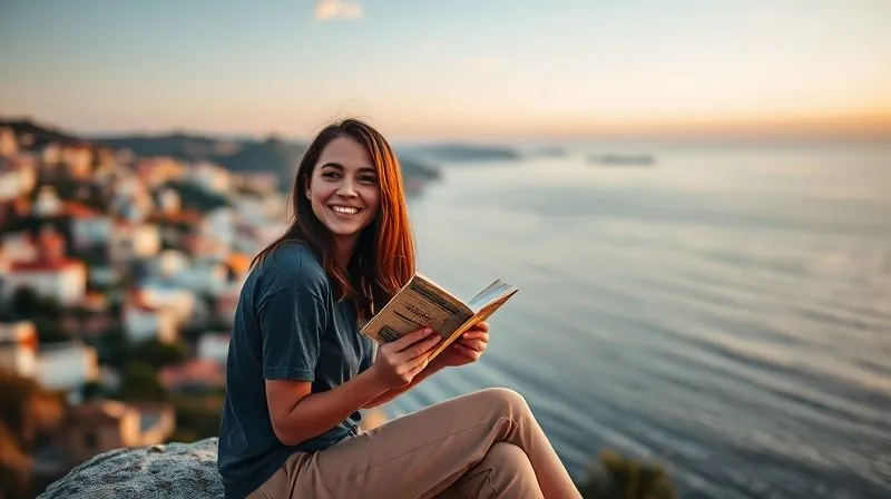 A photorealistic image of a digital nomad sitting on a cliff overlooking a breathtaking Italian coastline at sunset. They are holding a small, worn Italian phrasebook, looking contemplative and determined, with a subtle smile. The scene evokes a sense of accomplishment, peace, and the journey of learning. Professional photography, 8K, cinematic lighting, sharp focus on the nomad and phrasebook, depth of field blurring the distant coastline, shot on a high-end DSLR.