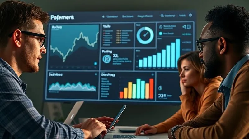 A photorealistic image of a diverse remote team looking at a holographic projection of a project dashboard, showing clear SMART goals and progress bars. The team members are focused and engaged, with cinematic lighting highlighting their faces and the glowing data. 8K, sharp focus, depth of field, shot on a high-end DSLR.