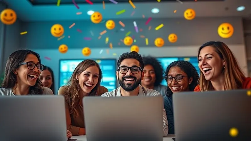 A photorealistic image of a diverse group of remote team members participating in a fun, virtual team-building activity, laughing and interacting through their screens, with a backdrop of digital confetti and positive emojis. Cinematic lighting, sharp focus on their joyful expressions, depth of field blurring their home environments, 8K, shot on a high-end DSLR.