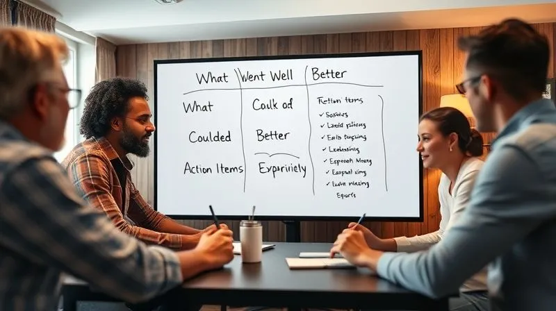 A photorealistic image of a diverse remote team engaged in a virtual retrospective meeting, with a digital whiteboard showing 'What Went Well', 'What Could Be Better', and 'Action Items'. The atmosphere is collaborative and constructive, with cinematic lighting, sharp focus on the team's interaction, depth of field blurring the individual backgrounds, 8K, shot on a high-end DSLR.