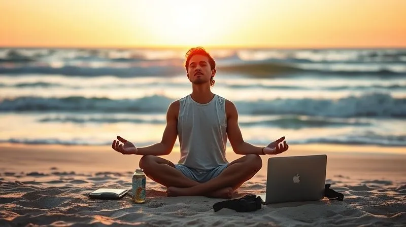 Photorealistic image of a digital nomad meditating serenely at sunrise on a beach, with a laptop and travel gear neatly arranged nearby, symbolizing a flexible yet disciplined morning ritual. Professional photography, 8K, cinematic lighting, sharp focus on the nomad, depth of field blurring the ocean waves, emotionally resonant.