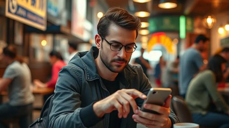 A photorealistic image of a digital nomad tracking their energy levels on a smart device, surrounded by a vibrant, energetic cafe environment in a foreign city. The nomad looks focused and balanced. Professional photography, 8K, cinematic lighting, sharp focus on the device and the nomad's thoughtful expression, depth of field blurring the busy background, emotionally resonant.