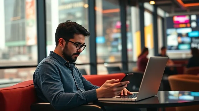 A photorealistic image of a digital nomad efficiently managing tasks on multiple screens (laptop, tablet, smartphone) in a modern co-working space in a vibrant city, showcasing productivity tools and seamless workflow. Professional photography, 8K, cinematic lighting, sharp focus on the screens and the nomad's engaged expression, depth of field blurring the background, emotionally resonant.