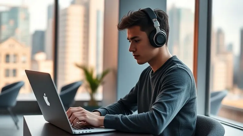 A photorealistic image of a young, focused professional (gender-neutral) intensely working on a sleek laptop in a beautifully designed, modern co-working space in a vibrant foreign city. The space has large windows revealing a dynamic urban landscape, but the worker is completely absorbed in their task, wearing noise-canceling headphones. Cinematic lighting, sharp focus on the person and laptop, depth of field blurring the background, 8K hyper-detailed, professional photography, shot on a high-end DSLR.