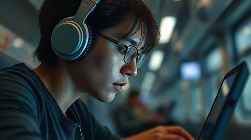 A photorealistic image of a person (gender-neutral) wearing noise-canceling headphones, deeply focused on a laptop screen, surrounded by a soft, ethereal glow that symbolizes deep concentration. The background is slightly out of focus, suggesting a busy but ignored environment like a train car or airport lounge. Cinematic lighting, sharp focus on the person's face and screen, depth of field, 8K hyper-detailed, professional photography, shot on a high-end DSLR.