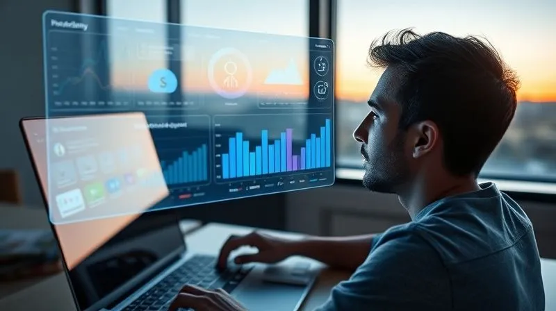 A photorealistic image of a person (gender-neutral) looking at a holographic dashboard displaying productivity metrics (charts, graphs, progress bars) floating above a laptop keyboard. The setting is a modern, minimalist workspace with a window showing a distant, serene landscape. Cinematic lighting, sharp focus on the dashboard and person's contemplative face, depth of field, 8K hyper-detailed, professional photography, shot on a high-end DSLR.