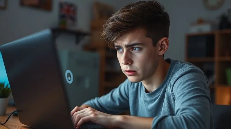 Photorealistic image of a frustrated young student looking at a frozen laptop screen, with a spinning loading icon, in a dimly lit, slightly chaotic remote study environment. The student's face shows clear signs of stress and disappointment. Cinematic lighting, sharp focus on the student's expression, depth of field blurring the background, 8K, professional photography, shot on a high-end DSLR.