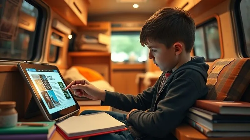 Photorealistic image of a student diligently working on a tablet in a cozy, well-organized mobile classroom setting, possibly a converted van or RV. The tablet screen shows educational content, and there are physical books and a journal nearby. A small, subtle indicator of 'offline mode' could be present on the tablet. The lighting is warm and inviting, suggesting focus and productivity. Professional photography, 8K, cinematic lighting, sharp focus, depth of field, shot on a high-end DSLR.