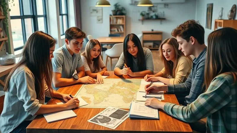Photorealistic image of a diverse group of young nomadic students, aged 10-16, gathered around a large rustic table in a bright, airy co-working space or a communal area of a hostel. They are actively collaborating on a project, with some looking at a shared map, others sketching ideas in notebooks, and one pointing at a tablet (showing a collaborative document). The atmosphere is lively and engaged, with expressions of curiosity and teamwork. Cinematic lighting, sharp focus on the group interaction, depth of field blurring the background, 8K, professional photography, shot on a high-end DSLR.