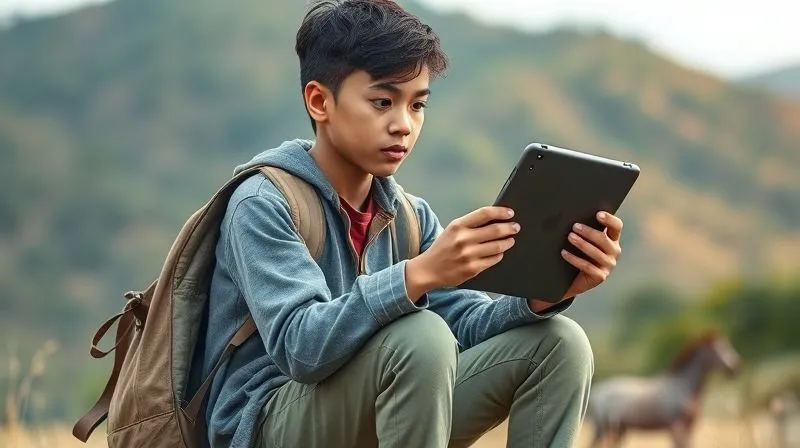 Photorealistic image of a determined young student, perhaps sitting on a small, portable stool outdoors with a backpack nearby, holding a robust, slightly worn tablet. The student is engrossed in their work, eyes focused, with a sense of calm resilience. The background is a blurred, natural landscape, suggesting travel and adaptability. Soft, natural lighting, sharp focus on the student and tablet, depth of field blurring the background, 8K, professional photography, shot on a high-end DSLR.