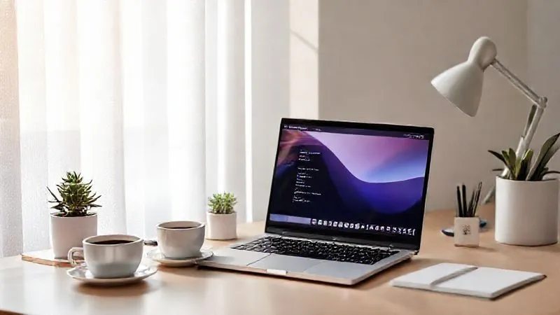 A photorealistic image of a minimalist, organized digital nomad desk setup with a laptop showing a language app, a small plant, and a cup of coffee, bathed in soft morning light, 8K, cinematic lighting.