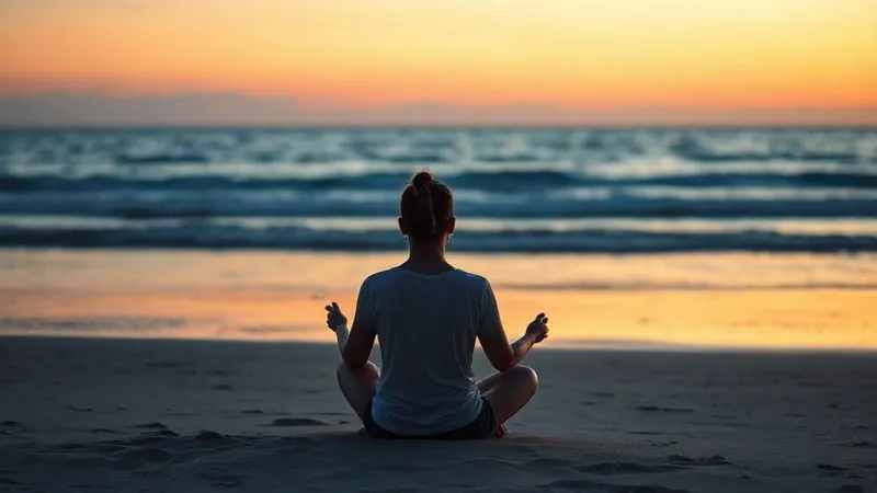 A photorealistic image of a person meditating calmly on a beach at sunset, with a subtle, almost ethereal glow around them, representing mental clarity and peace amidst the chaos of travel, 8K, cinematic lighting.