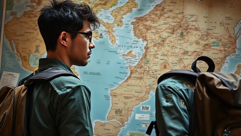 A photorealistic image of a determined traveler looking at a slightly chaotic but beautiful map, with a backpack nearby, symbolizing resilience and adaptability in the face of unexpected travel changes, 8K, cinematic lighting.