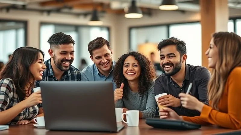 A photorealistic image of a diverse group of digital nomads laughing and collaborating in a vibrant coworking space, with shared screens and coffee cups. Emphasize genuine connection and support, cinematic lighting, sharp focus on their faces, depth of field blurring the background, 8K hyper-detailed, professional photography shot on a high-end DSLR.