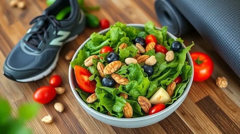 A photorealistic image of a healthy salad with vibrant greens, fruits, and nuts on a wooden table, next to a pair of running shoes and a yoga mat, suggesting a holistic approach to wellness for a digital nomad. Soft natural light, sharp focus, depth of field, 8K hyper-detailed, professional photography shot on a high-end DSLR.