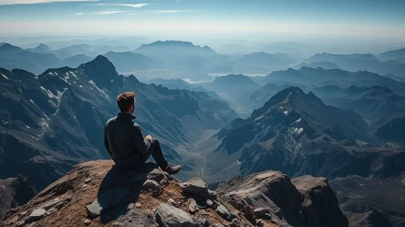 A photorealistic image of a person sitting on a remote mountain peak, gazing at a vast, untouched landscape, with no electronic devices visible. The scene evokes a sense of profound peace and disconnection from the digital world, with dramatic natural lighting, sharp focus on the person and the landscape, depth of field, 8K hyper-detailed, professional photography shot on a high-end DSLR.