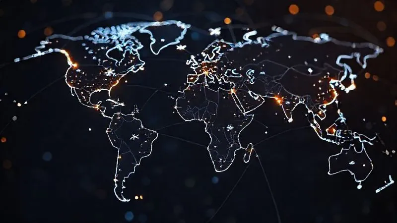 A photorealistic image showing a world map with interconnected lines of light, symbolizing global communication. Different time zones are highlighted, and small, stylized airplane icons indicate travel. The overall impression is one of complex but manageable global connectivity. Cinematic lighting, sharp focus, depth of field. 8K hyper-detailed, professional photography, shot on a high-end DSLR.