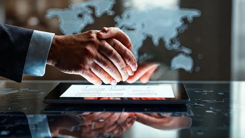A photorealistic image of two hands shaking firmly over a digital tablet displaying a clear, concise contract or agreement. A world map is subtly visible in the background, out of focus. The scene conveys trust, agreement, and global partnership. Cinematic lighting, sharp focus on the hands and tablet, depth of field. 8K hyper-detailed, professional photography, shot on a high-end DSLR.