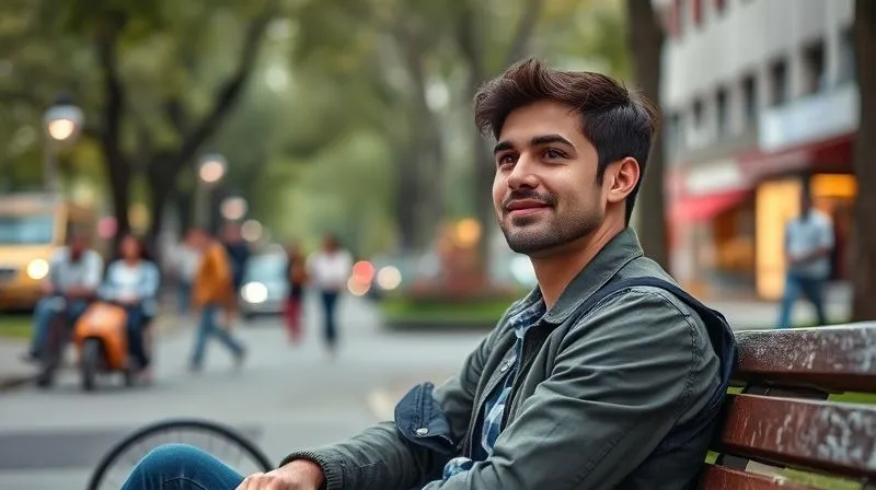 A photorealistic image of a thoughtful solo traveler sitting on a park bench in a foreign city, looking confidently at the bustling street, with a slight smile, symbolizing openness and readiness for interaction. The background shows blurred local life, professional photography, 8K, cinematic lighting, sharp focus on the traveler, depth of field, shot on a high-end DSLR