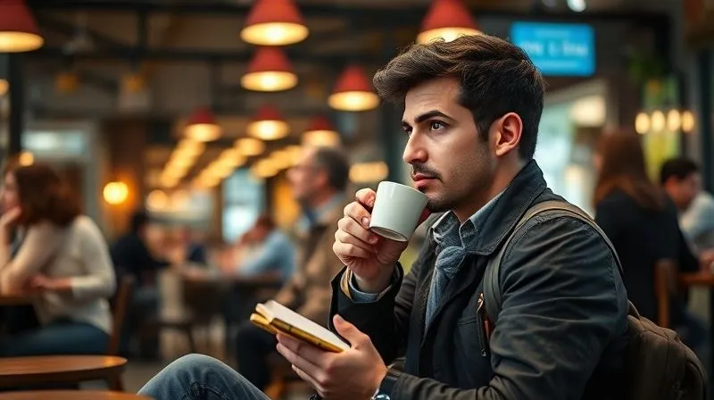A photorealistic image of a traveler sitting discreetly in a bustling cafe, sipping coffee, with a small notebook and pen, subtly observing and listening to the conversations around, capturing the essence of active linguistic observation. Cinematic lighting, sharp focus on the traveler's attentive expression, depth of field blurring the background, 8K, professional photography, shot on a high-end DSLR