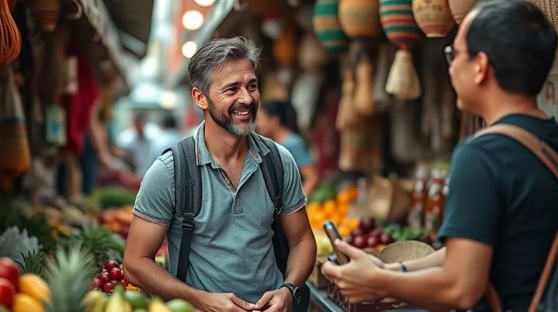 A photorealistic image of a solo traveler engaging in a friendly conversation with a local vendor at a vibrant street market, both smiling, surrounded by colorful produce and local crafts. The scene radiates genuine connection and cultural exchange. Professional photography, 8K, cinematic lighting, sharp focus on their interaction, depth of field, shot on a high-end DSLR