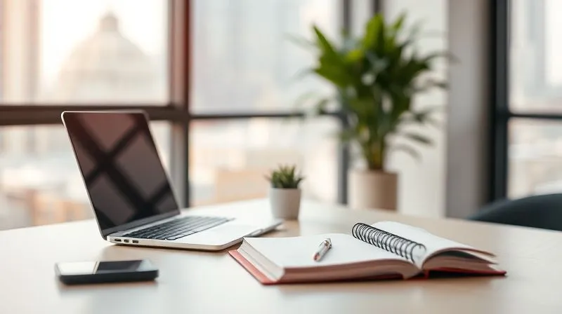 A photorealistic image of a digital nomad's desk setup in a minimalist, sunlit co-working space, featuring a sleek laptop, a small plant, and a notebook with creative sketches. The background shows a blurry cityscape through a large window. Cinematic lighting, sharp focus on the desk, depth of field. 8K, professional photography.