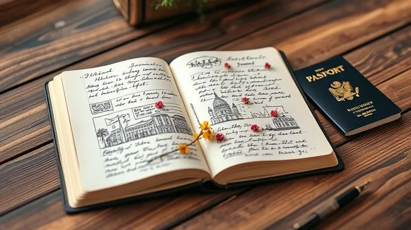 A photorealistic image of a traveler's journal open on a wooden table, filled with handwritten notes, colorful sketches of cityscapes, and small pressed flowers. A passport and a pen lie beside it. Cinematic lighting, sharp focus on the journal, depth of field. 8K, professional photography.