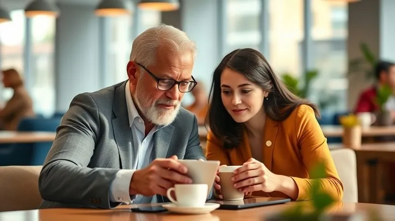 A photorealistic image of two diverse professionals, one older and one younger, engaged in a deep conversation over coffee in a bright, modern co-working lounge. They are looking at a tablet together, sharing ideas. Cinematic lighting, sharp focus on their expressions, depth of field. 8K, professional photography.