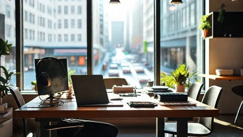 A photorealistic image of a digital nomad's organized workspace in a vibrant co-working space, featuring a laptop, noise-canceling headphones, and a minimal setup. Natural light streams through a large window, revealing a bustling city street outside. Cinematic lighting, sharp focus on the workspace, depth of field blurring the background, 8K hyper-detailed, professional photography, shot on a high-end DSLR.
