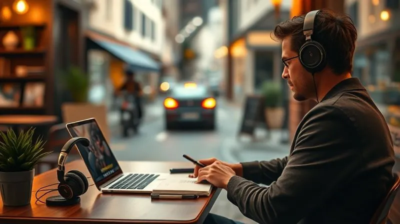 Photorealistic image of a digital nomad setting up a portable workstation in a cozy cafe, with a laptop, a notebook, and noise-canceling headphones. The background shows a blurry but inviting street scene. Cinematic lighting, sharp focus on the workstation, depth of field, 8K hyper-detailed, professional photography, shot on a high-end DSLR.