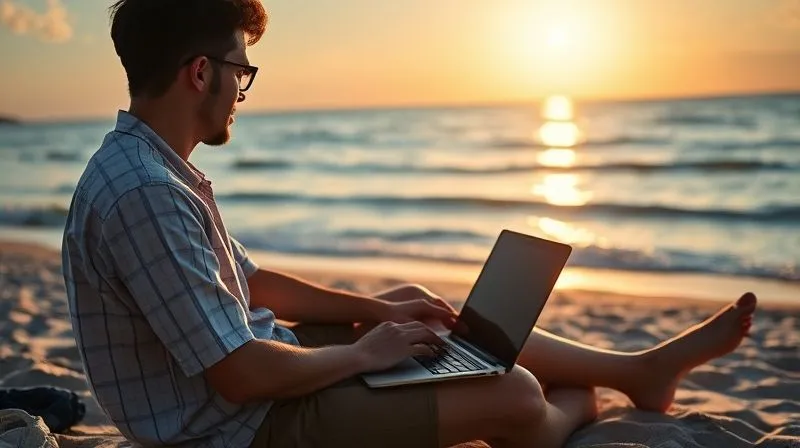A photorealistic image of a digital nomad sitting on a beach, laptop open, but looking distracted by the beautiful ocean view. The sun is setting, casting long shadows. Sharp focus on the person and laptop, depth of field blurring the background. 8K hyper-detailed, professional photography, shot on a high-end DSLR.