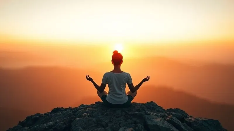 A photorealistic image of a person meditating calmly on a mountaintop at sunrise, symbolizing mental clarity and focus. Professional photography, 8K, cinematic lighting, sharp focus on the person, depth of field blurring the background. Shot on a high-end DSLR.