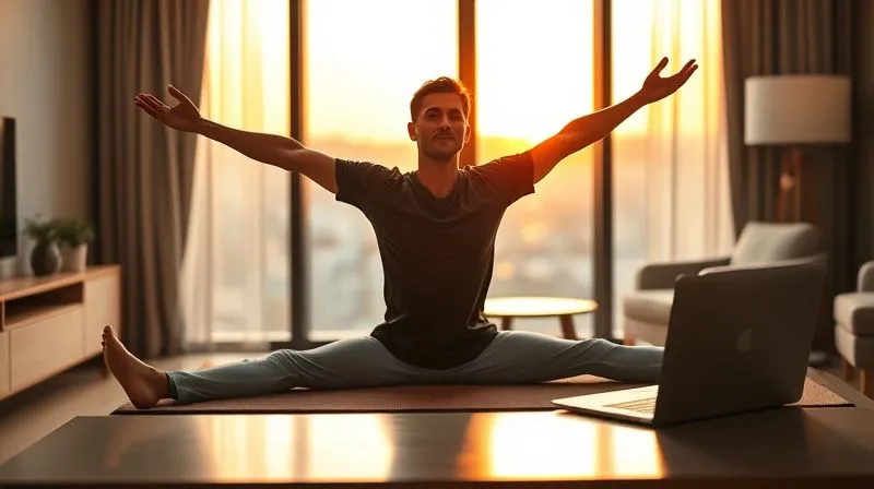 A photorealistic image of a digital nomad stretching in a serene hotel room at sunrise, with a laptop closed on a nearby desk. The scene conveys balance and well-being. Cinematic lighting, sharp focus on the person, depth of field blurring the background. 8K hyper-detailed, professional photography, shot on a high-end DSLR.