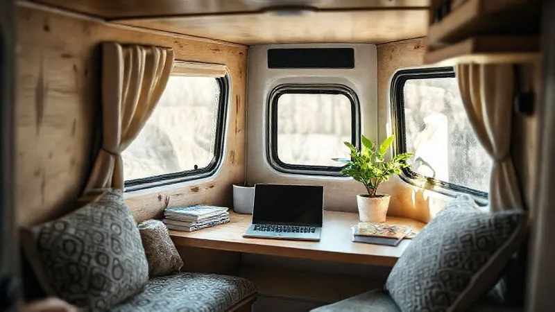 A photorealistic image of a cozy yet minimalist study corner inside a well-organized camper van or a rented apartment, with a laptop, books, and a plant. Soft natural light, sharp focus, depth of field, 8K, cinematic lighting, professional photography, shot on a high-end DSLR.