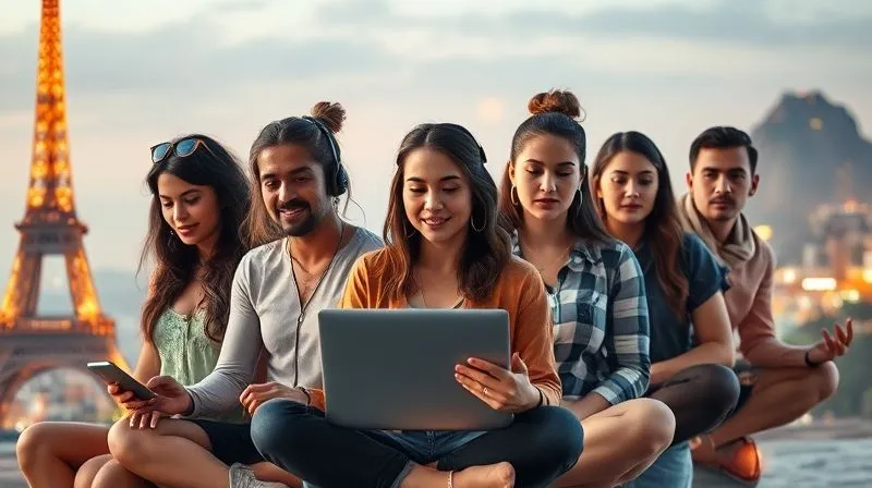 A photorealistic, professional photography of a diverse group of digital nomads, each in a different iconic location (e.g., working on a laptop in front of the Eiffel Tower, meditating on a beach in Thailand, video conferencing from a mountain top), all connected by subtle, glowing lines of light, symbolizing their interconnected yet independent lifestyles. Cinematic lighting, sharp focus on their faces, depth of field blurring the backgrounds. 8K hyper-detailed, shot on a high-end DSLR.