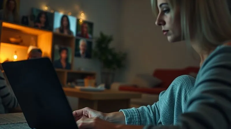 A photorealistic image of a person actively participating in a virtual workshop, their face illuminated by a laptop screen, diverse faces of other participants visible in small windows. The background subtly suggests a cozy, yet temporary, nomadic setup (e.g., a hostel common area, a minimalist Airbnb). Cinematic lighting, sharp focus on the participant's engaged expression. 8K hyper-detailed, shot on a high-end DSLR.