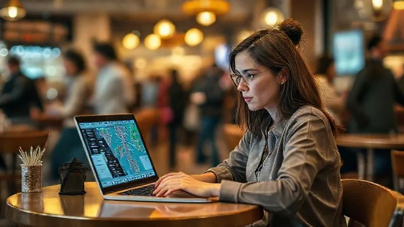 Photorealistic, professional photography, 8K, cinematic lighting, sharp focus, depth of field, shot on a high-end DSLR. A digital nomad sitting at a small table in a bustling cafe, laptop open, but looking slightly overwhelmed with multiple digital notifications and a map on her screen, reflecting the struggle of balancing study with travel distractions. The background is blurred with people moving.