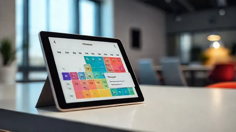 Photorealistic, professional photography, 8K, cinematic lighting, sharp focus, depth of field, shot on a high-end DSLR. A clean, modern digital calendar interface on a tablet, displaying color-coded blocks for study, travel, and leisure, with a notification pop-up for a 'Pomodoro break'. The background is a minimalist, bright co-working space.