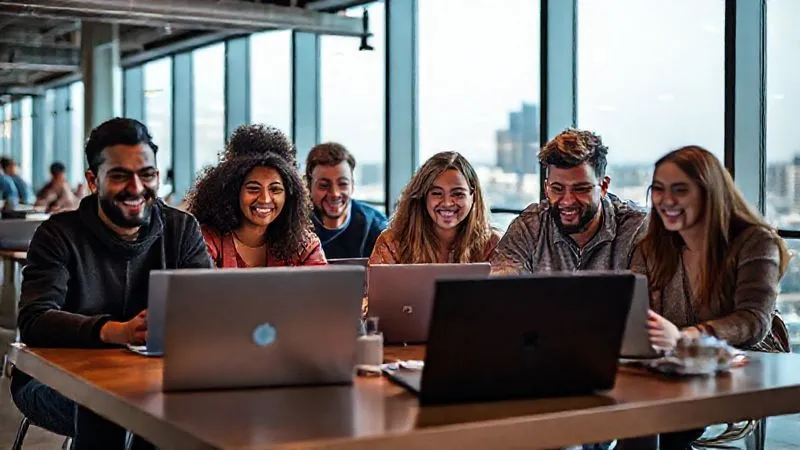 Photorealistic, professional photography, 8K, cinematic lighting, sharp focus, depth of field, shot on a high-end DSLR. A diverse group of digital nomads, smiling and engaged, collaborating on laptops in a vibrant, modern co-working space with large windows overlooking a city. The atmosphere is collaborative and energetic.