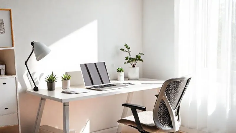 A photorealistic image of a minimalist, well-organized home office desk with a laptop, a plant, and a comfortable ergonomic chair. Soft natural light streams in from a window, creating a serene and productive atmosphere. Professional photography, 8K, cinematic lighting, sharp focus, depth of field, shot on a high-end DSLR.