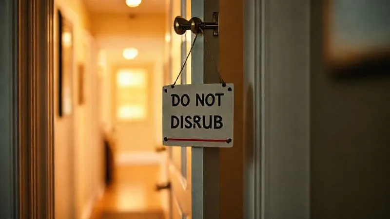 A photorealistic image of a "Do Not Disturb" sign hanging on a slightly ajar home office door, with warm, inviting light coming from inside the room. The hallway outside is softly blurred, symbolizing the separation of work and personal life. Professional photography, 8K, cinematic lighting, sharp focus, depth of field, shot on a high-end DSLR.