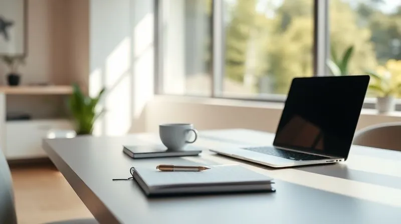 A photorealistic image of a minimalist desk setup in a bright, modern co-working space, with a laptop, a planner, and a cup of coffee. Sunlight streams through a large window, creating a sense of calm and productivity. Sharp focus on the desk, depth of field blurring the background, 8K hyper-detailed, professional photography, cinematic lighting.