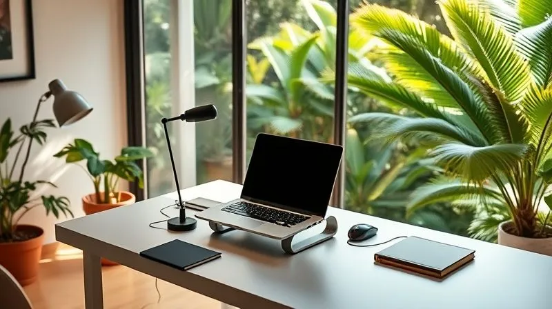 A photorealistic image of a digital nomad working on a laptop at a minimalist, clean desk in a cozy Airbnb apartment, overlooking a lush tropical garden. The setup includes a portable laptop stand, an external mouse, and a notebook. Soft, natural light fills the room, creating a calm and inspiring atmosphere. Sharp focus on the workspace, depth of field blurring the garden, 8K hyper-detailed, professional photography, cinematic lighting.