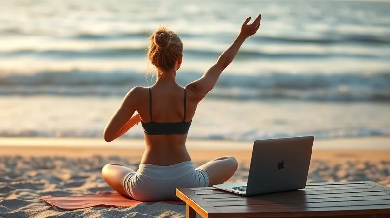 A photorealistic image of a professional digital nomad practicing yoga on a serene beach at sunrise, with a laptop visible on a nearby table, symbolizing work-life balance. The person is in a peaceful pose, facing the ocean. Cinematic lighting, soft golden hues, sharp focus on the person, depth of field blurring the background waves, 8K hyper-detailed, professional photography.