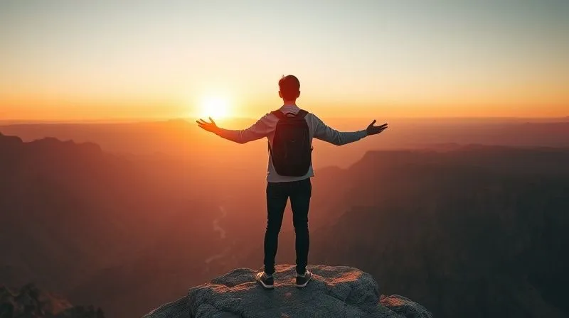 A photorealistic image of a professional digital nomad, a person in their late 30s, standing confidently at the edge of a cliff, looking out over a vast, inspiring landscape at sunset. Their posture is open and resilient, symbolizing adaptability and forward-thinking. Cinematic lighting with warm, dramatic hues, sharp focus on the person, depth of field blurring the majestic landscape, 8K hyper-detailed, professional photography.